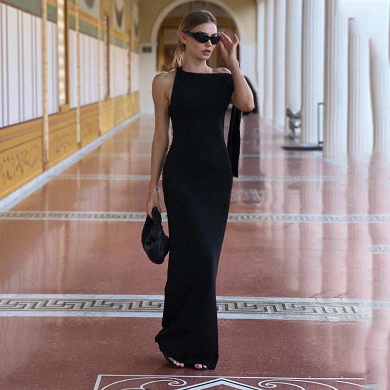 Solid O-Neck Sleeveless Dress Summer Slim Fit Piece Long Dress