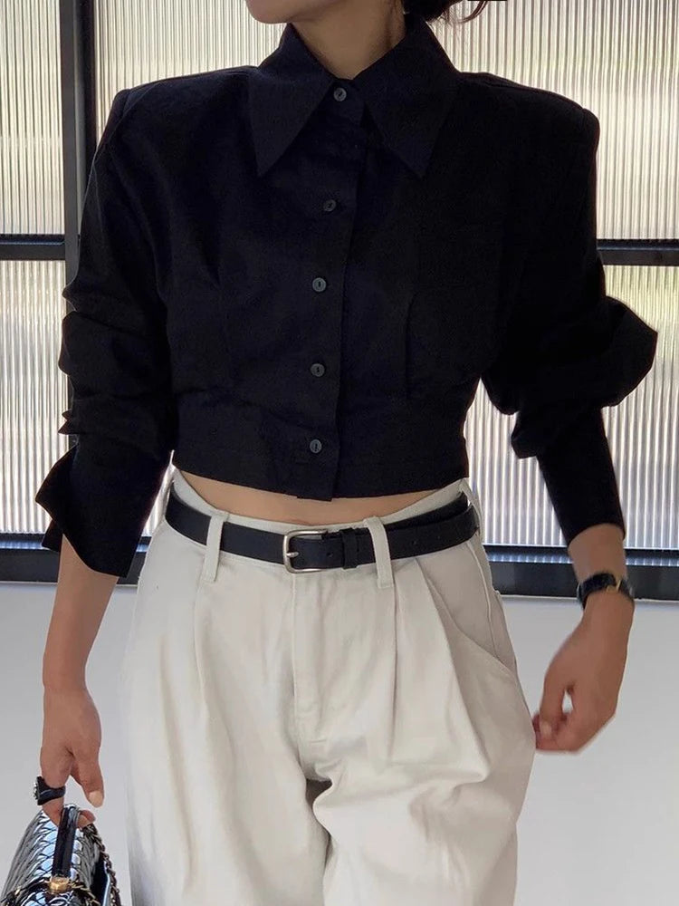 Cropped White Shirts for Women - Back Lace Up Design Blouse Vintage & Casual Long Sleeve