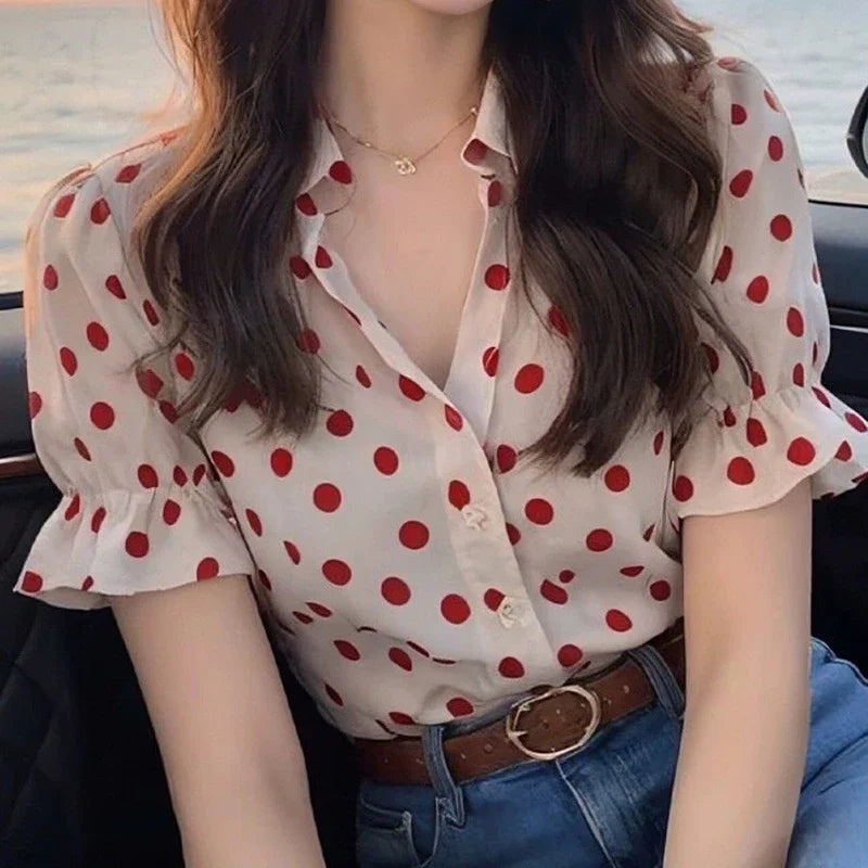 Polka Dot Shirts Petal Sleeve Ruffles Ladies Blouse