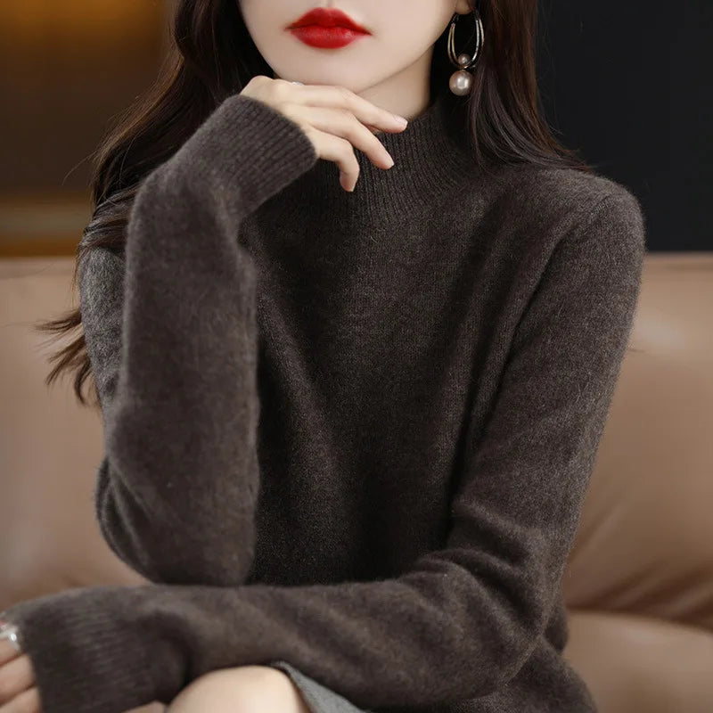 Autumn & Winter Women Sweater - Warm Bottoming Shirts Half High Collar Basic Knitwear Solid Long Sleeve Pullovers