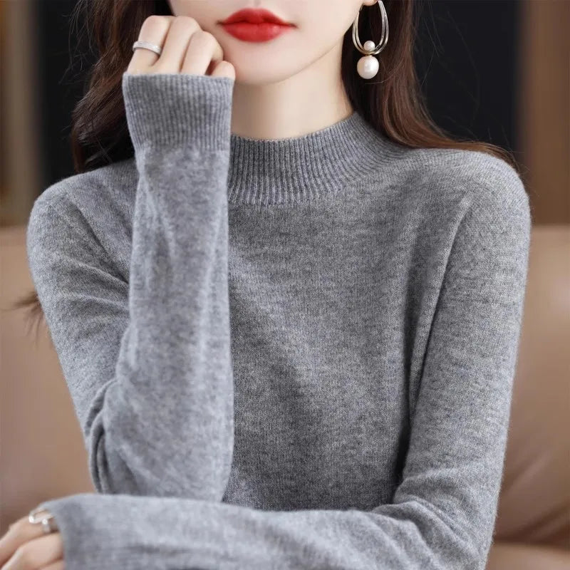 Autumn & Winter Women Sweater - Warm Bottoming Shirts Half High Collar Basic Knitwear Solid Long Sleeve Pullovers