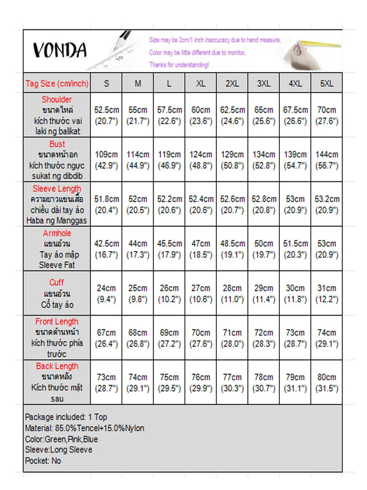 Plus Size VONDA Fashion Long Sleeve Tunics Casual Loose Shirts