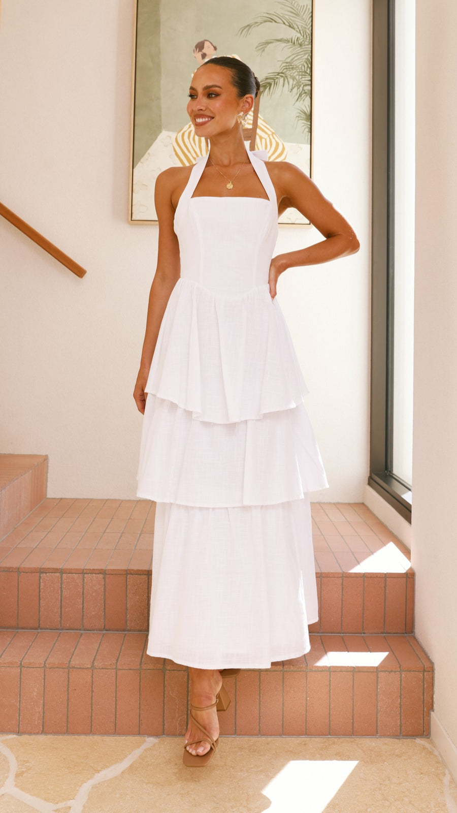 White Crepe Tiered Maxi Dress with Halter Neck & Back Tie Bow-1