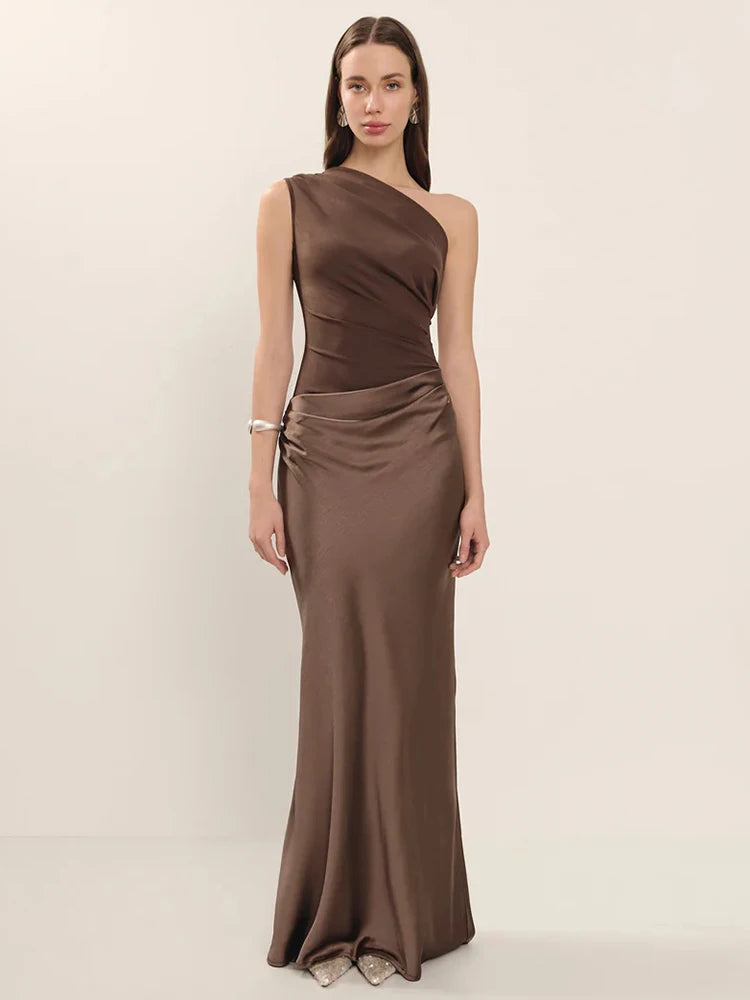 Mozision Satin Inclined Shoulder Maxi Dress Women