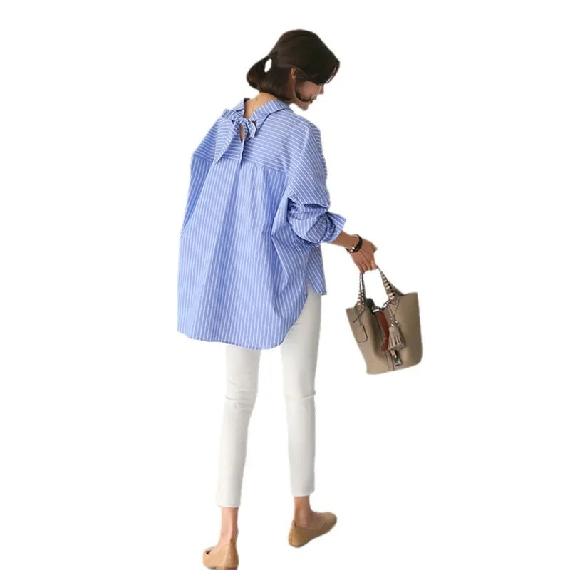 New Fashion Striped Style Women's Loose Long Sleeve Turn-down Collar Single-breasted Shirts