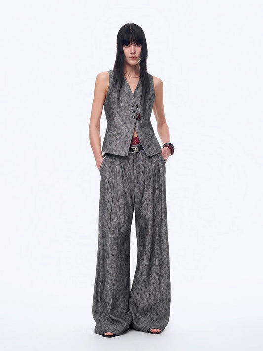 Fireladyfur Women's Linen Suit Set: Draped Vest & High-Waist Straight Trousers"Old Money Space"-0