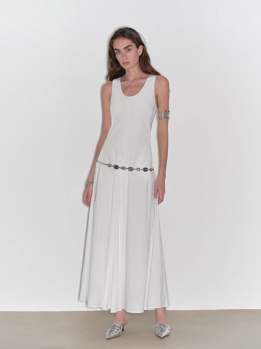 "Lake Bled" Simple and slim texture U-neck A-line slim fit vest dress-0