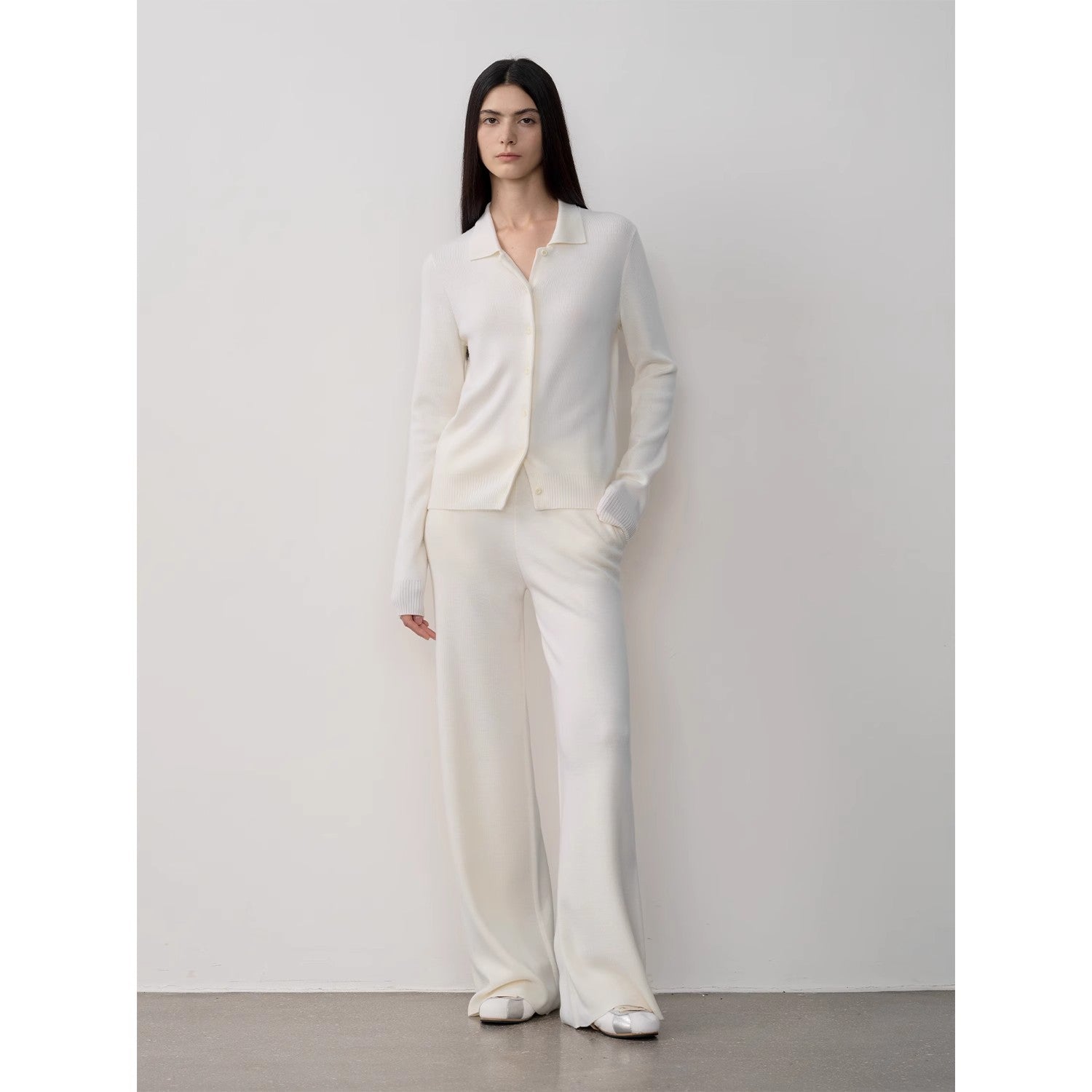 "Lazy urban" Yangtze Merino wool polo-neck cardigan straight-leg knitted pants suit-0