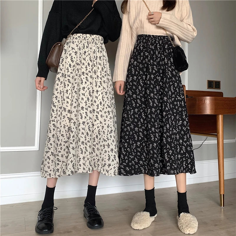 Vintage Floral Print A-line Pleated  Elastic Waist Midi Skirt