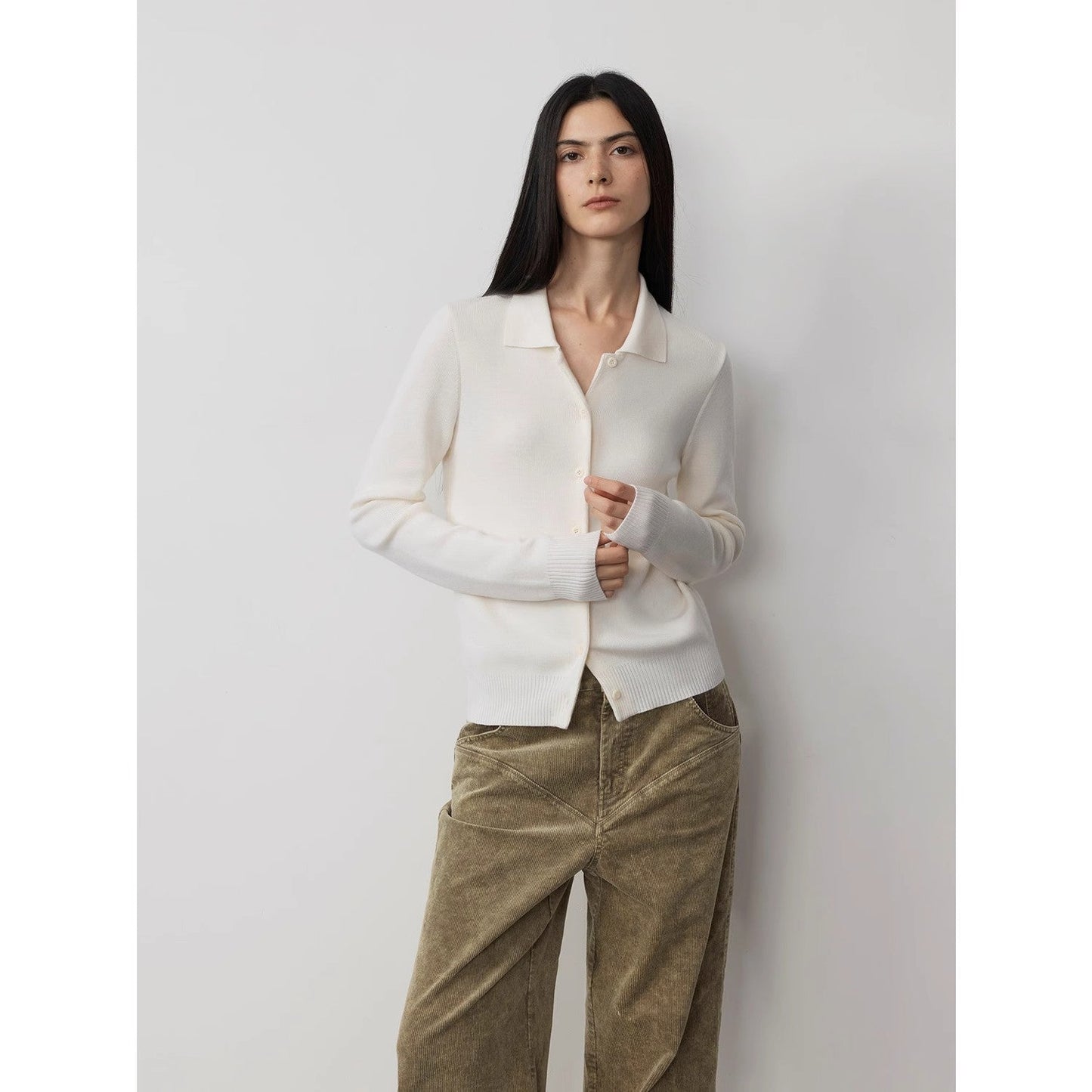 "Lazy urban" Yangtze Merino wool polo-neck cardigan straight-leg knitted pants suit-1
