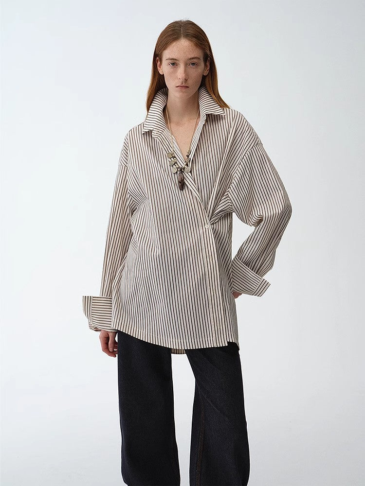 "Striped Fantasy" Casual Asymmetric Slanted Front Two-Wear Striped Long Sleeve Shirt-0