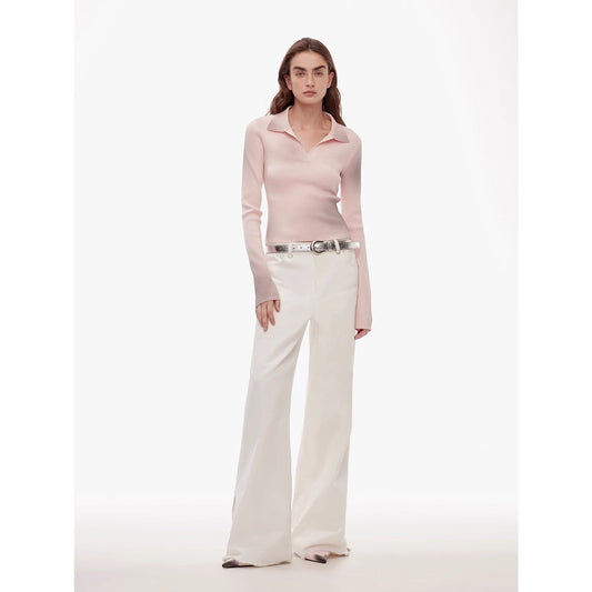 Vintage style curved split design enzyme wash process wide-leg micro-lapel mid-low waist denim pants-0