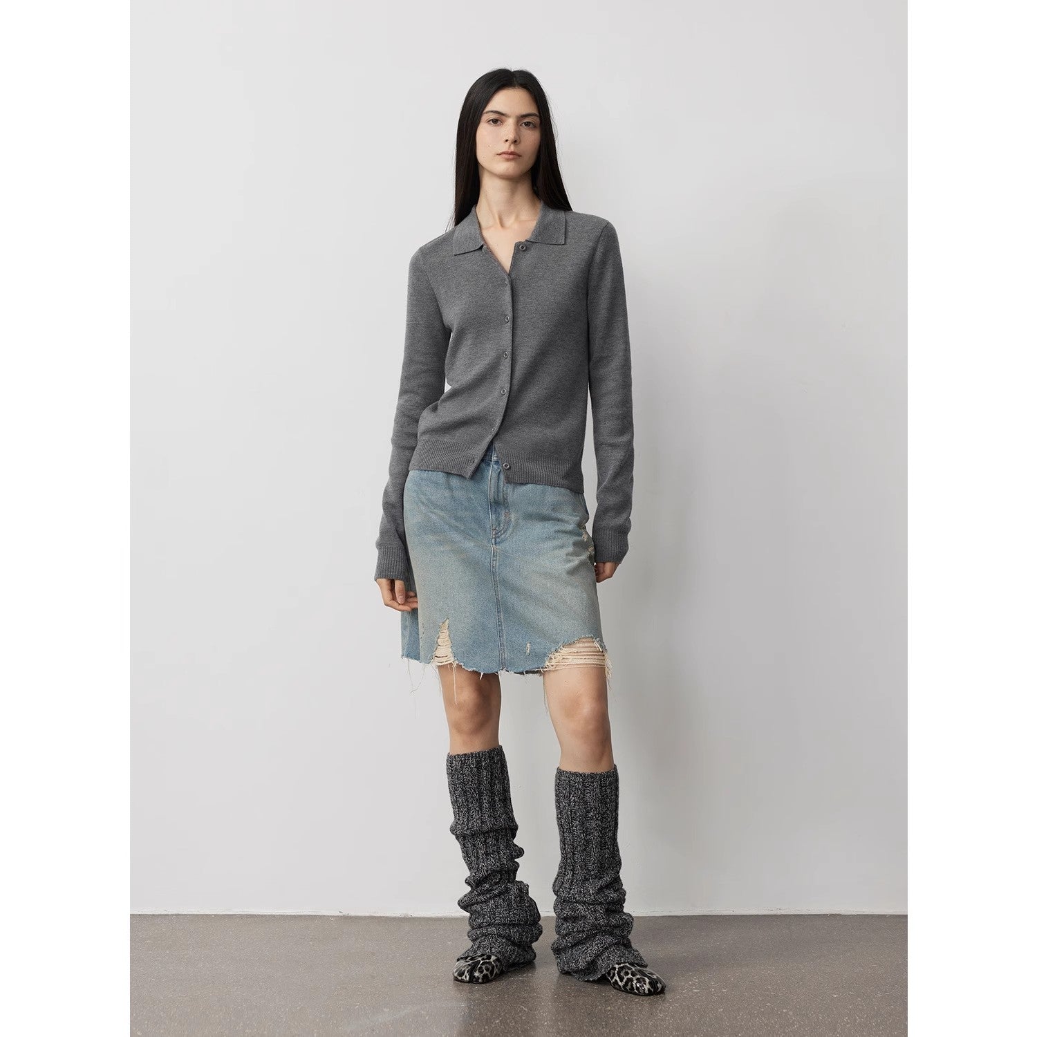 "Lazy urban" Yangtze Merino wool polo-neck cardigan straight-leg knitted pants suit-2