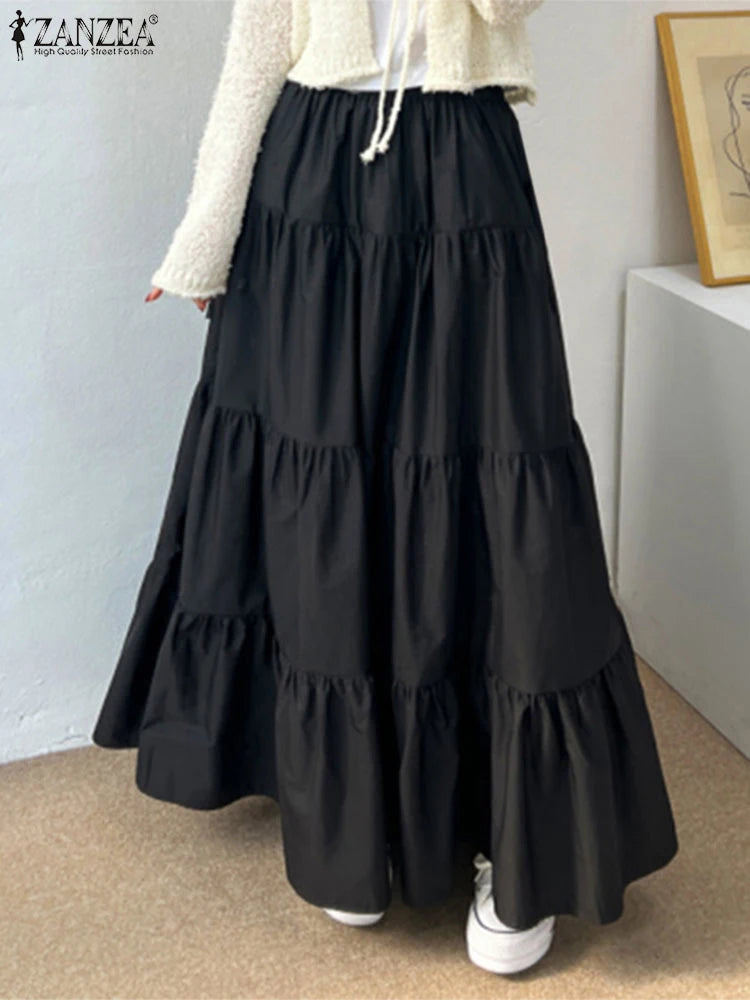 ZANZEA Women Tiered Maxi Skirt Elastic Waist Casual Solid Color A-line Faldas Mujer Holiday Streetwear Long Jupes