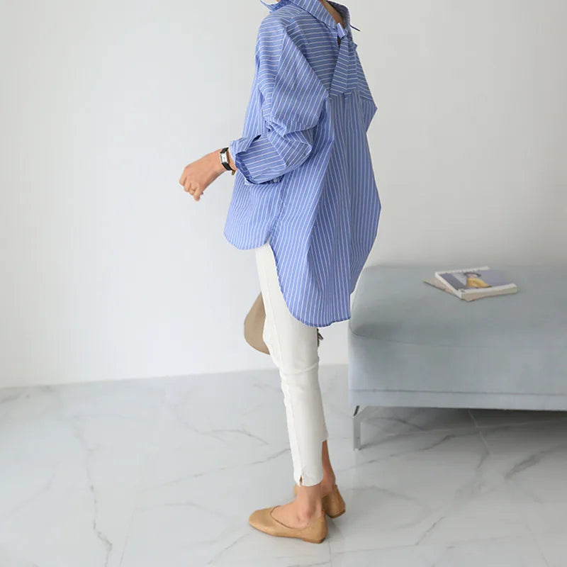 New Fashion Striped Style Women's Loose Long Sleeve Turn-down Collar Single-breasted Shirts