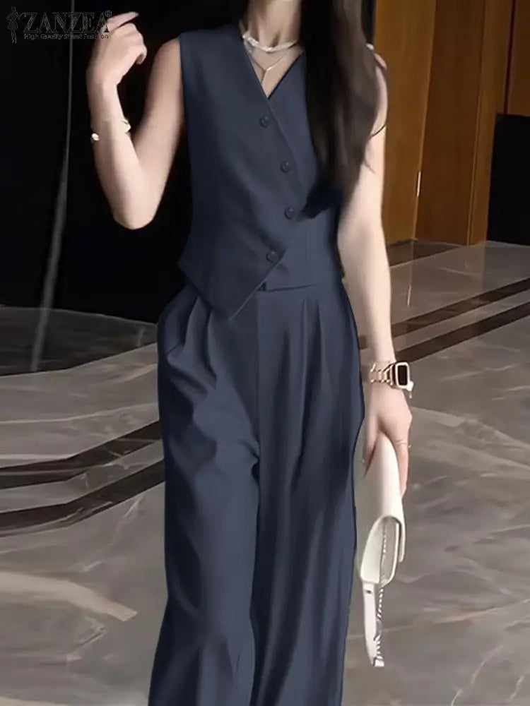 ZANZEA Summer Women 2-Piece Sets Irregular Vests Tops Fashion Solid Elegant Pant Sets Commute Wide Leg Trouser Outfits
