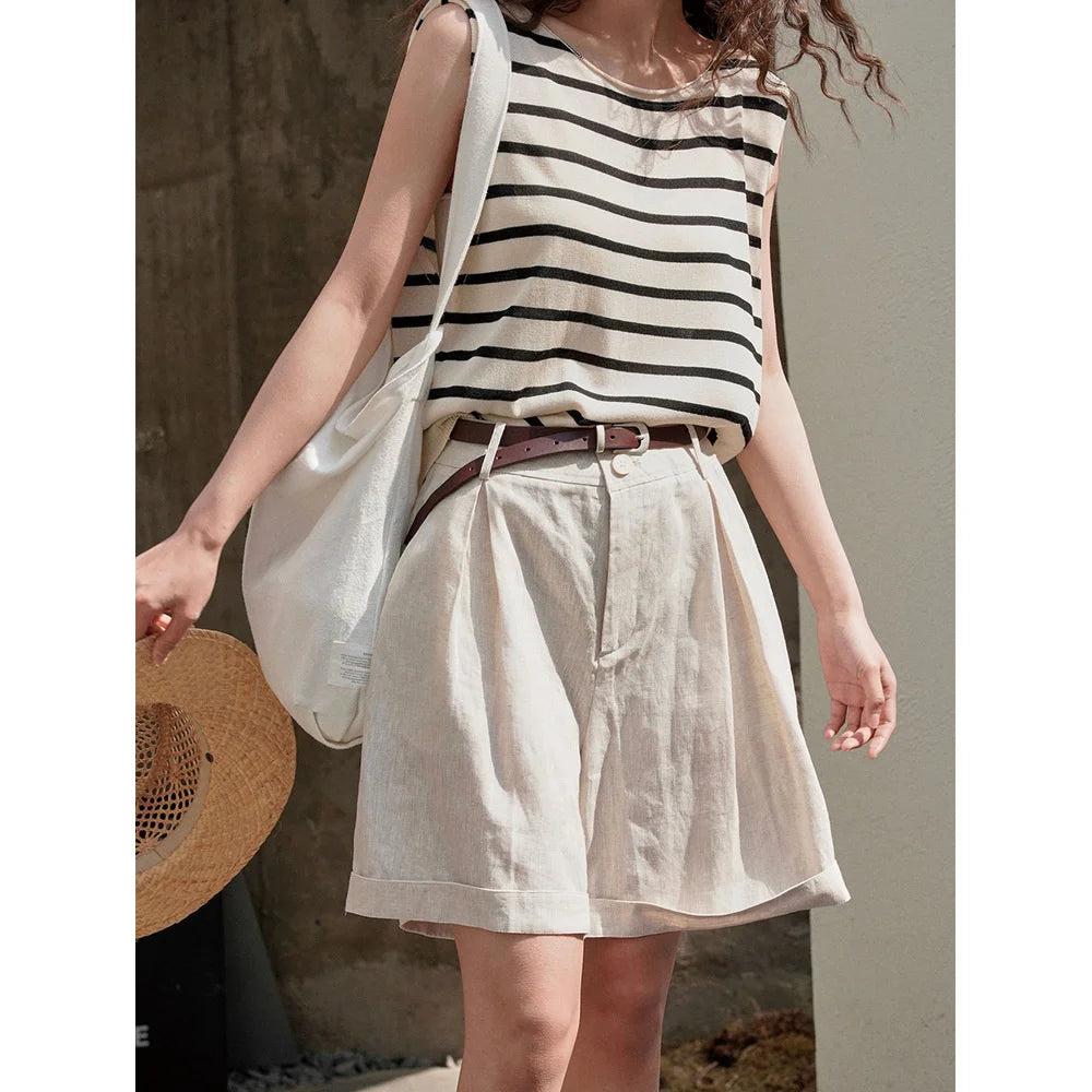 Summer Style Lazy Linen Curled Bermuda Shorts Wide Leg Loose Slim For Women