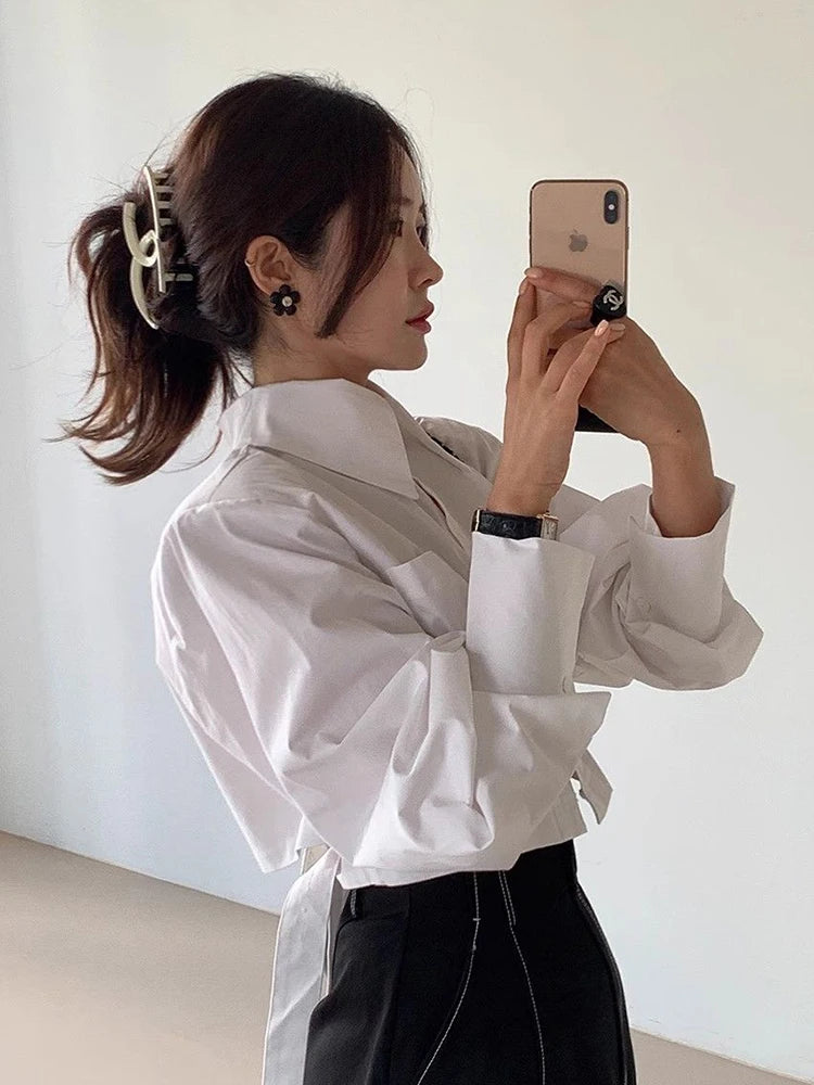 Cropped White Shirts for Women - Back Lace Up Design Blouse Vintage & Casual Long Sleeve