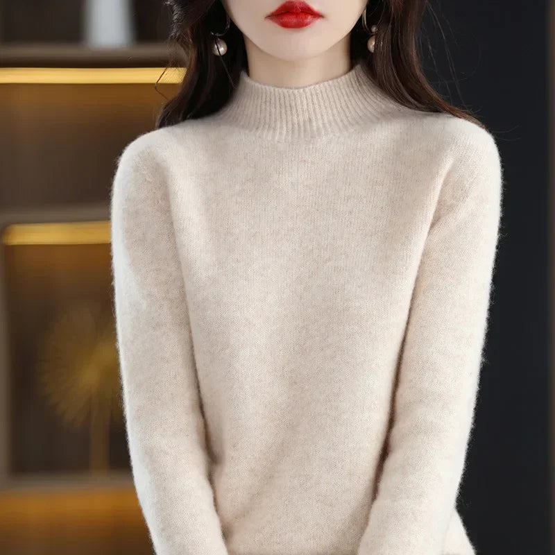 Autumn & Winter Women Sweater - Warm Bottoming Shirts Half High Collar Basic Knitwear Solid Long Sleeve Pullovers