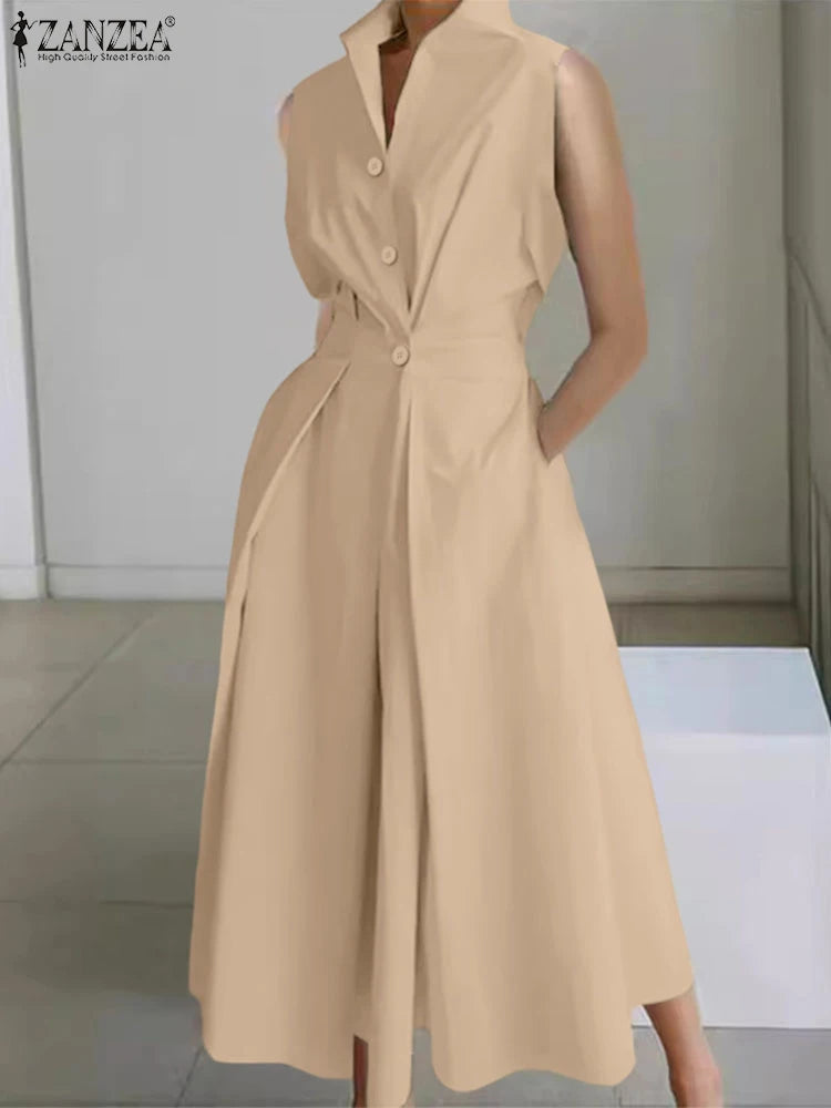 ZANZEA Women Fashion Maxi Dresses Solid Color Streetwear S-3XL