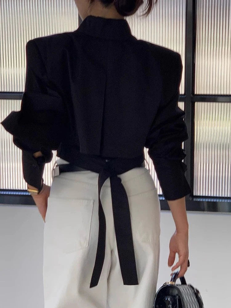 Cropped White Shirts for Women - Back Lace Up Design Blouse Vintage & Casual Long Sleeve