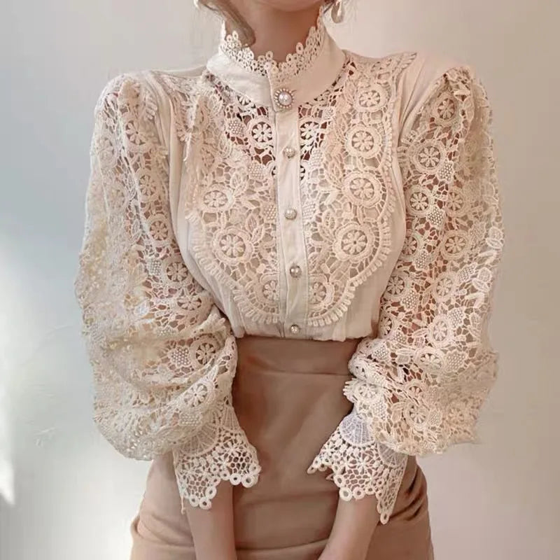 Vintage Solid Lace Blouse Shirts for Women - New Button Loose Shirt