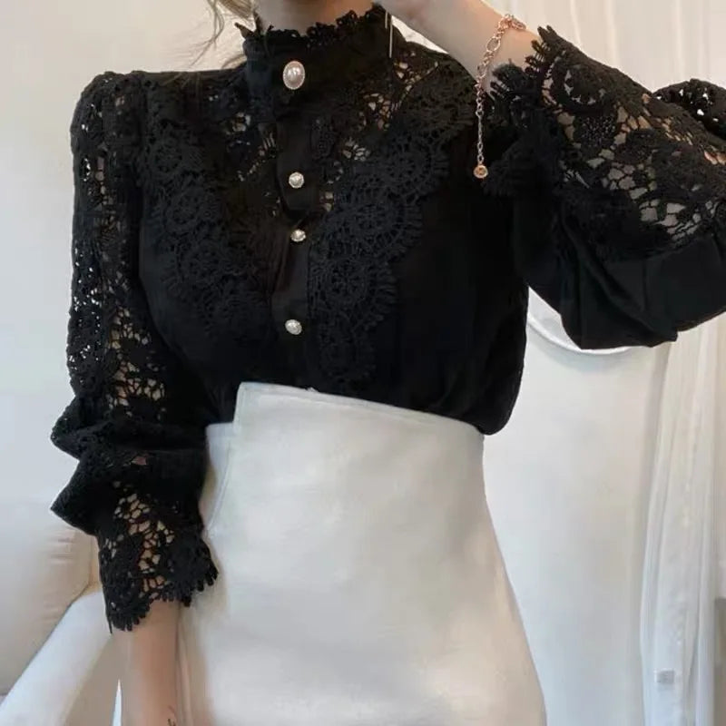 Vintage Solid Lace Blouse Shirts for Women - New Button Loose Shirt