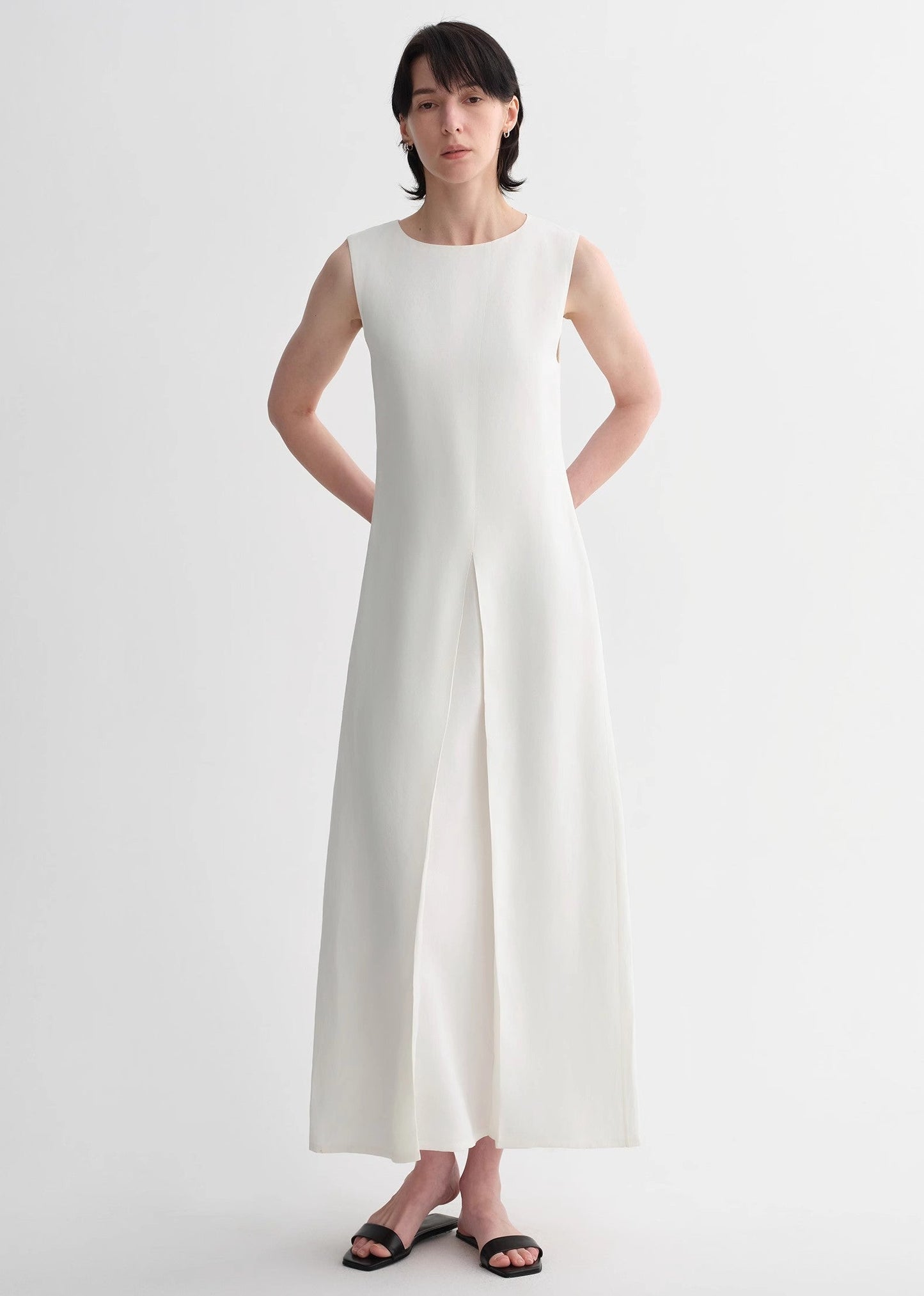 Mulberry silk sleeveless round neck oblique pleated A-line white dress-0