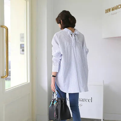 New Fashion Striped Style Women's Loose Long Sleeve Turn-down Collar Single-breasted Shirts