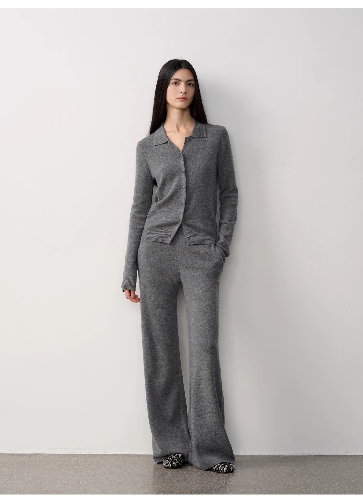 "Lazy urban" Yangtze Merino wool polo-neck cardigan straight-leg knitted pants suit-10