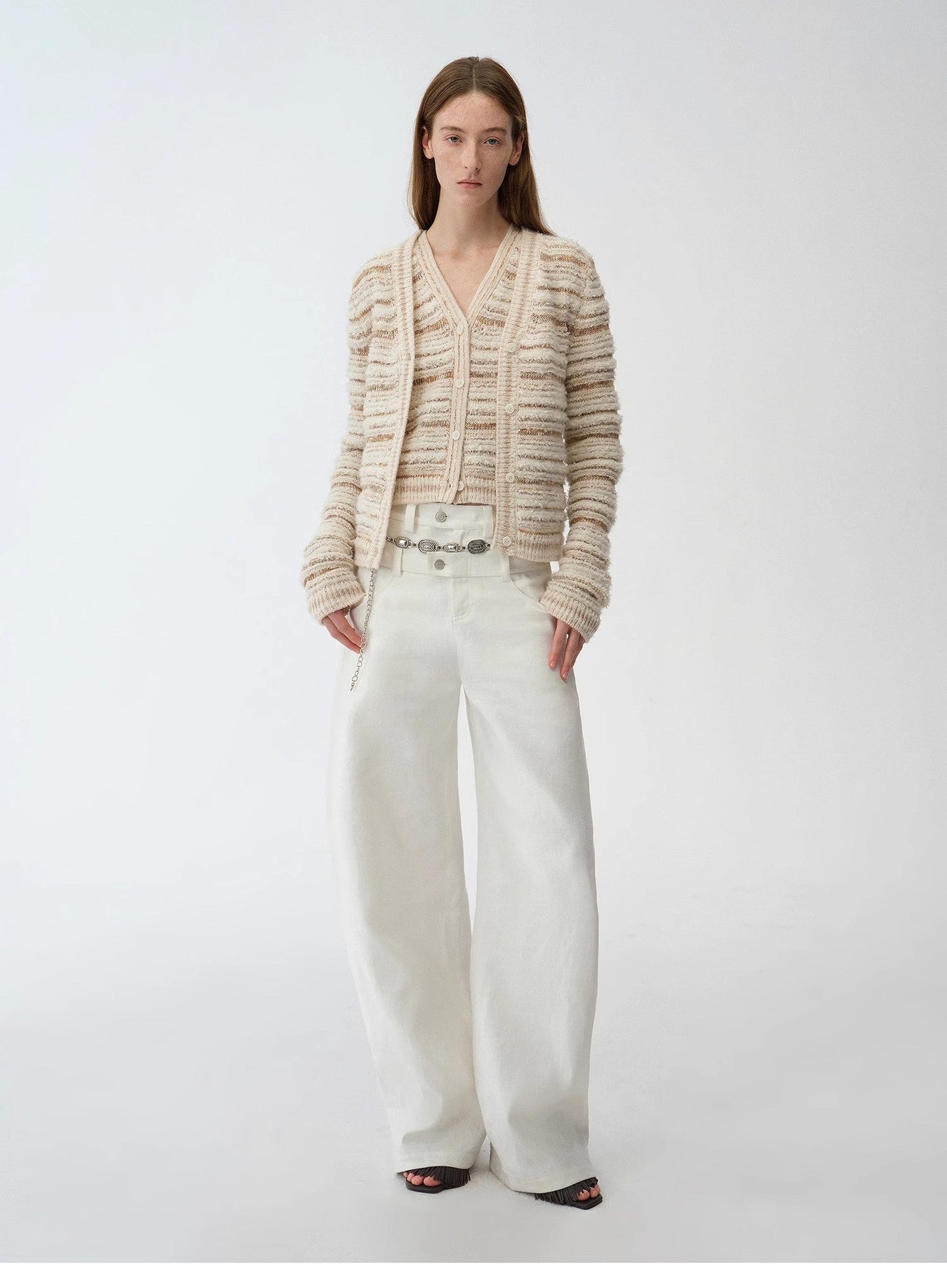 "Nice Weekend" striped mixed woven V-neck early spring layered knitted cardigan top/vest