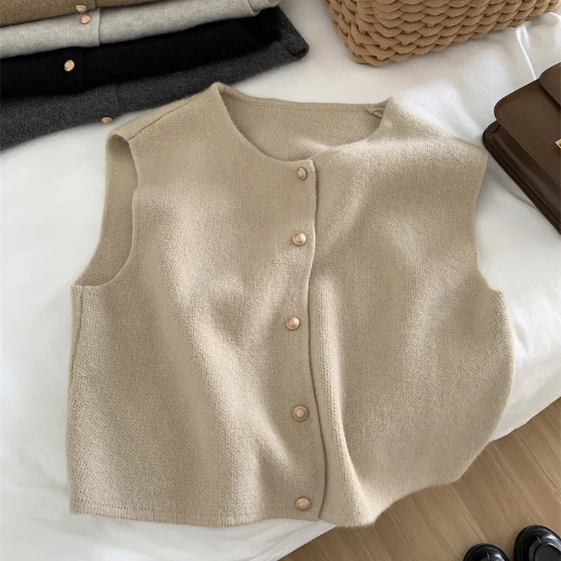 Women Sweater Vest Gold Button Up Waistcoat Soft Knitted Sleeveless Cardigan Jacket Top Fall Winter Ladies Chic Outfit