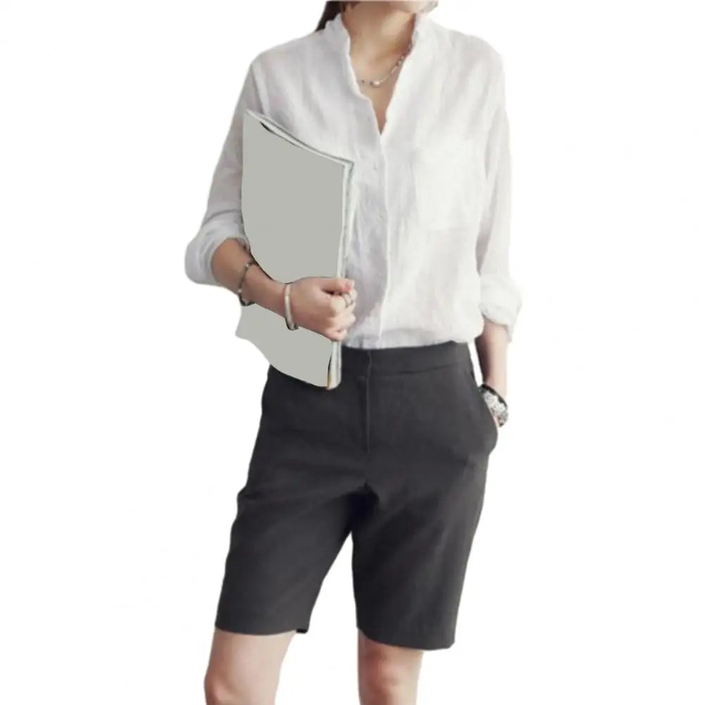 Women Autumn Korea Solid Cotton and Linen Blouse Vintage Solid Thin Loose Shirt - Casual Long Sleeve Korean Tops