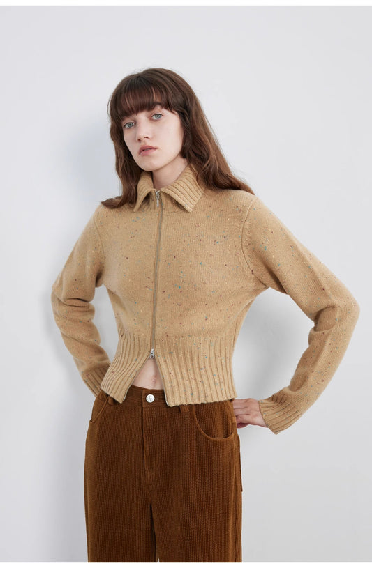 "Autumn Breeze Tea" colorful dotted wool-blend double-zip knitted cardigan short stand-up collar sweater