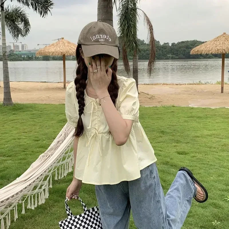 Ruffles Shirts and Blouses.  Short Sleeve Top Women. Summer Lace-up Sweet Blouses Cute Elegant Solid Sweet Folds Clothes