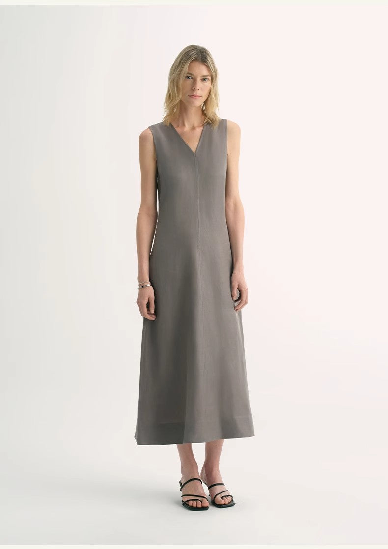 Lightweight and zero-pressure cupro linen textured anti-wrinkle V-neck sleeveless A-line dress-6