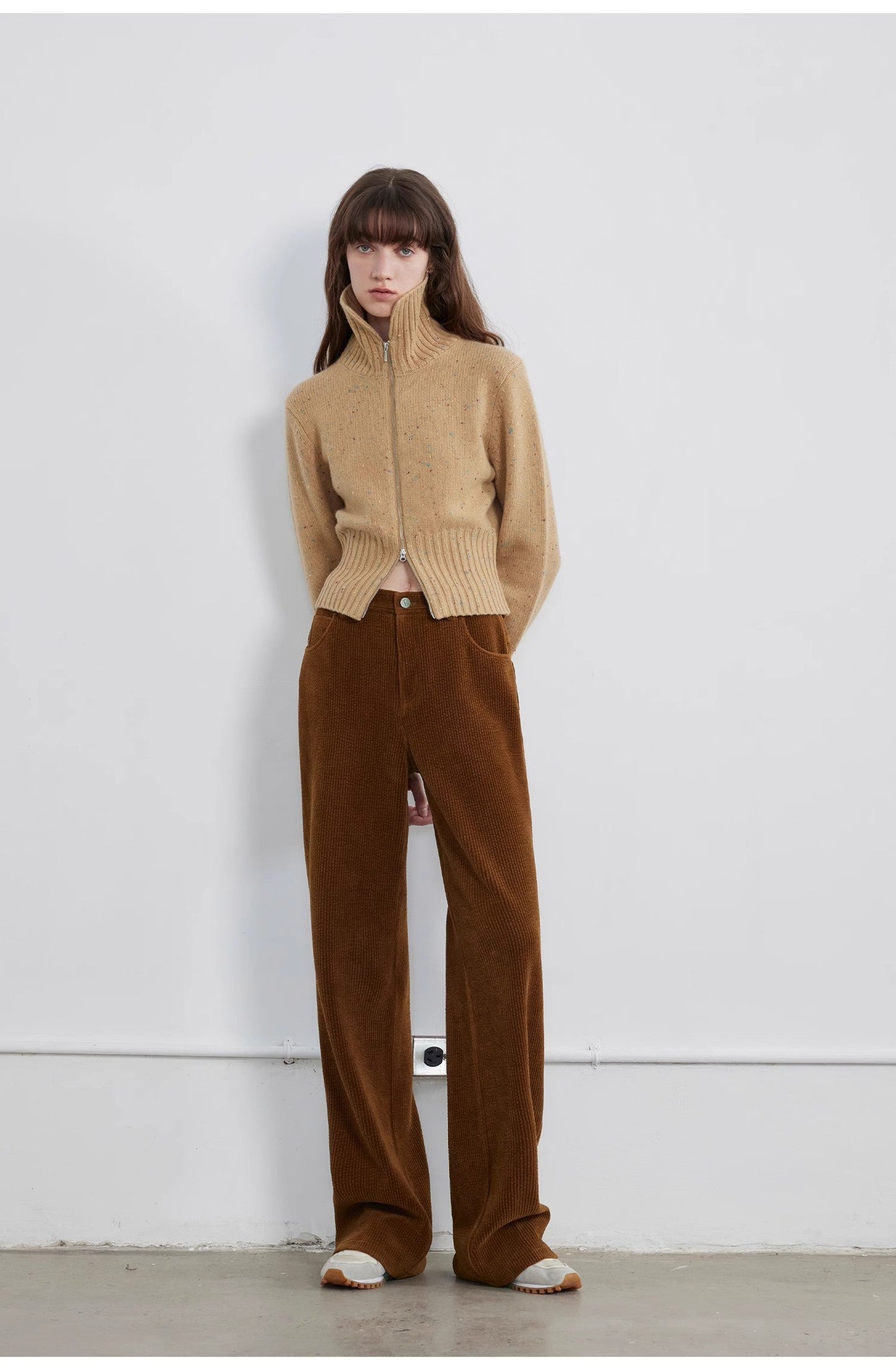 "Autumn Breeze Tea" colorful dotted wool-blend double-zip knitted cardigan short stand-up collar sweater