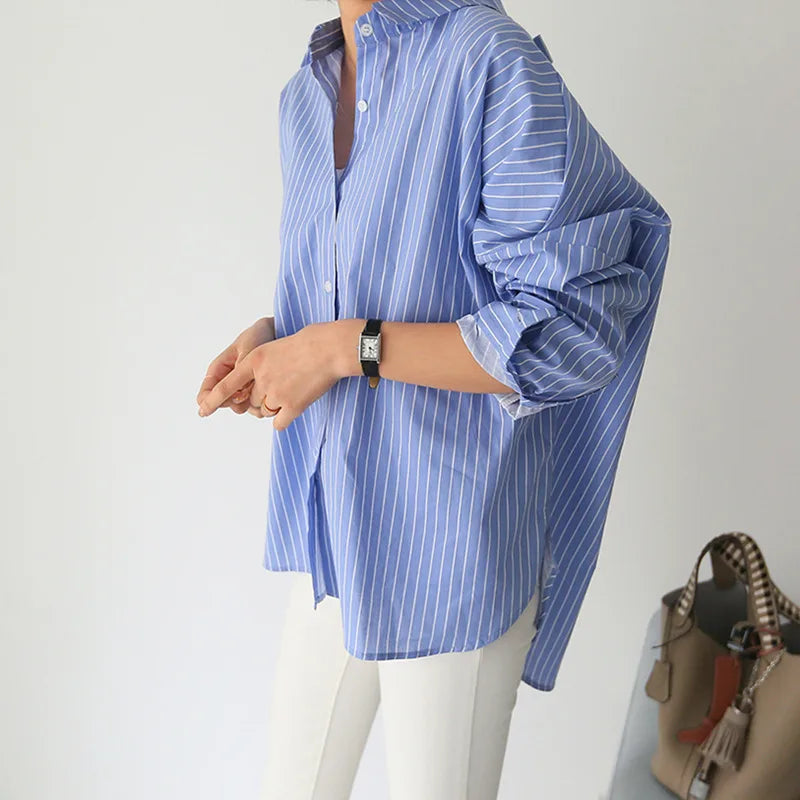 New Fashion Striped Style Women's Loose Long Sleeve Turn-down Collar Single-breasted Shirts