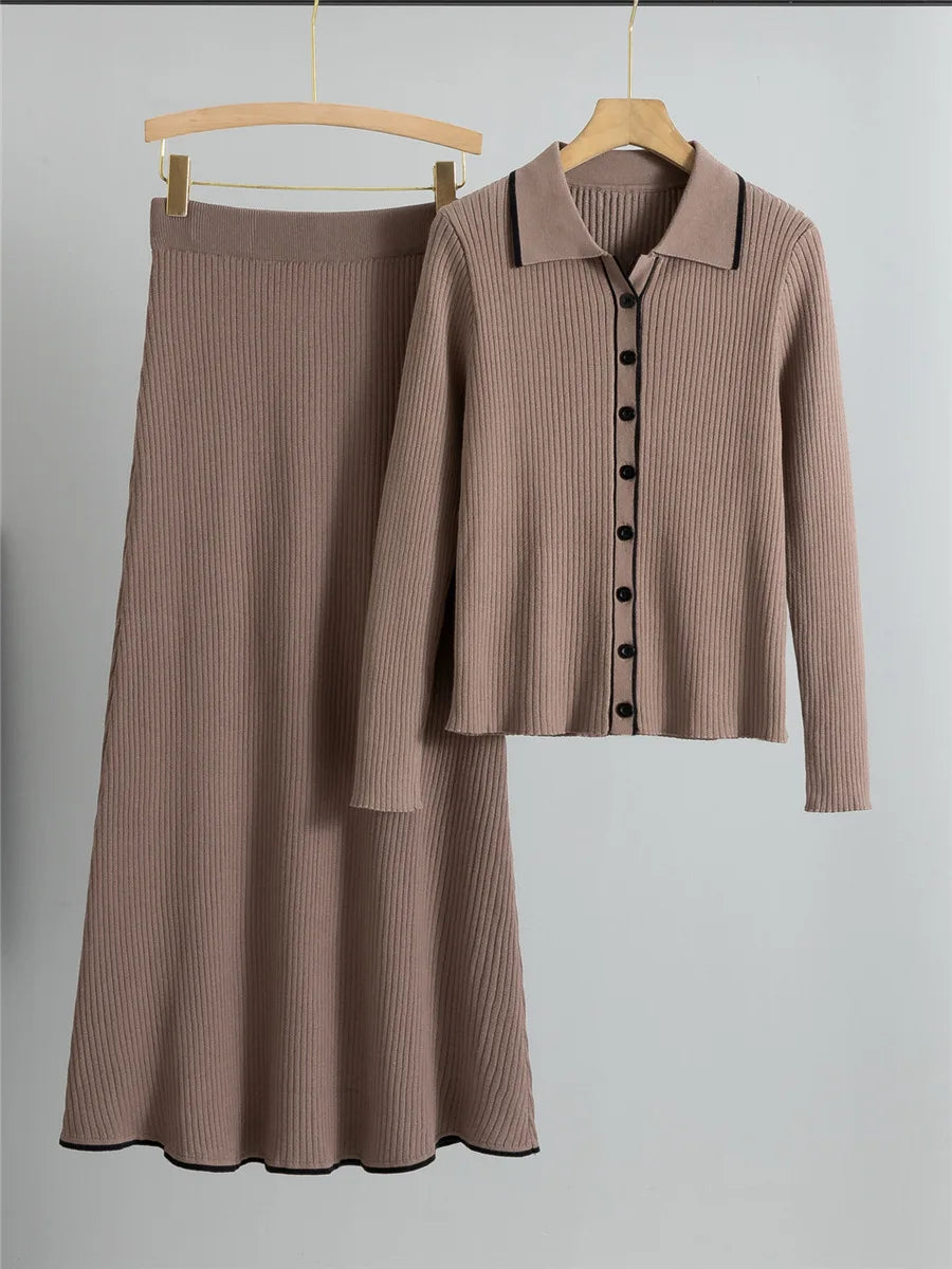 Knitted 2 Piece Sets Women Single Breasted Knit Sweater Cardigan Tops - High Waist Solid Skirts Outfit New