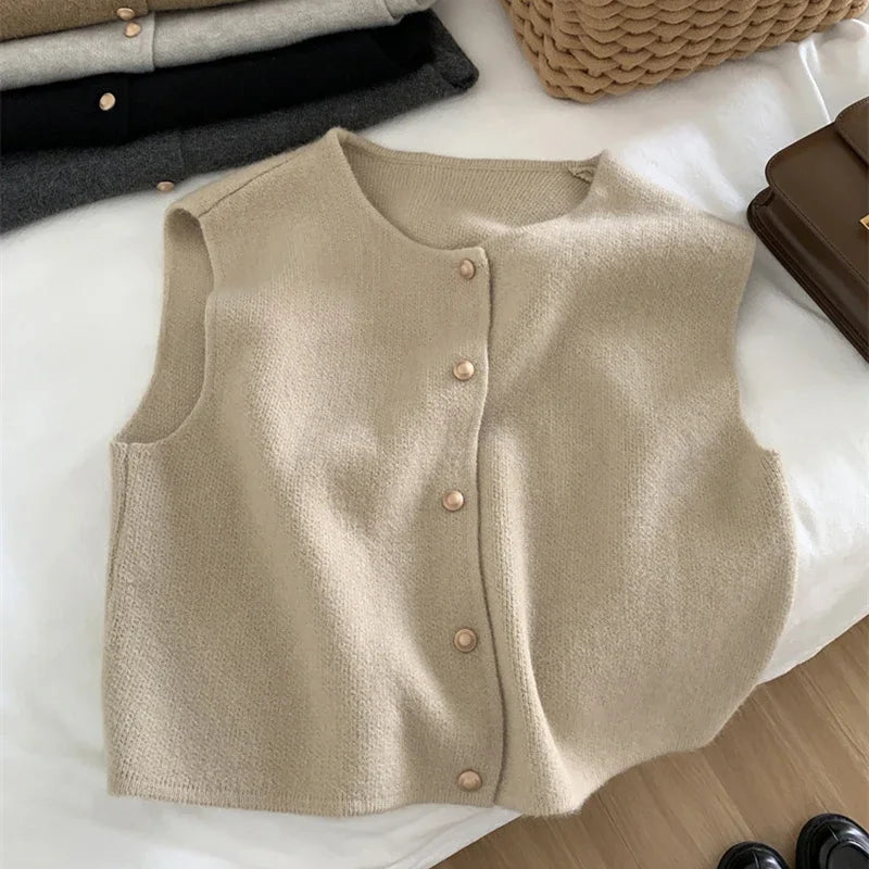 Women Sweater Vest Gold Button Up Waistcoat Soft Knitted Sleeveless Cardigan Jacket Top Fall Winter Ladies Chic Outfit