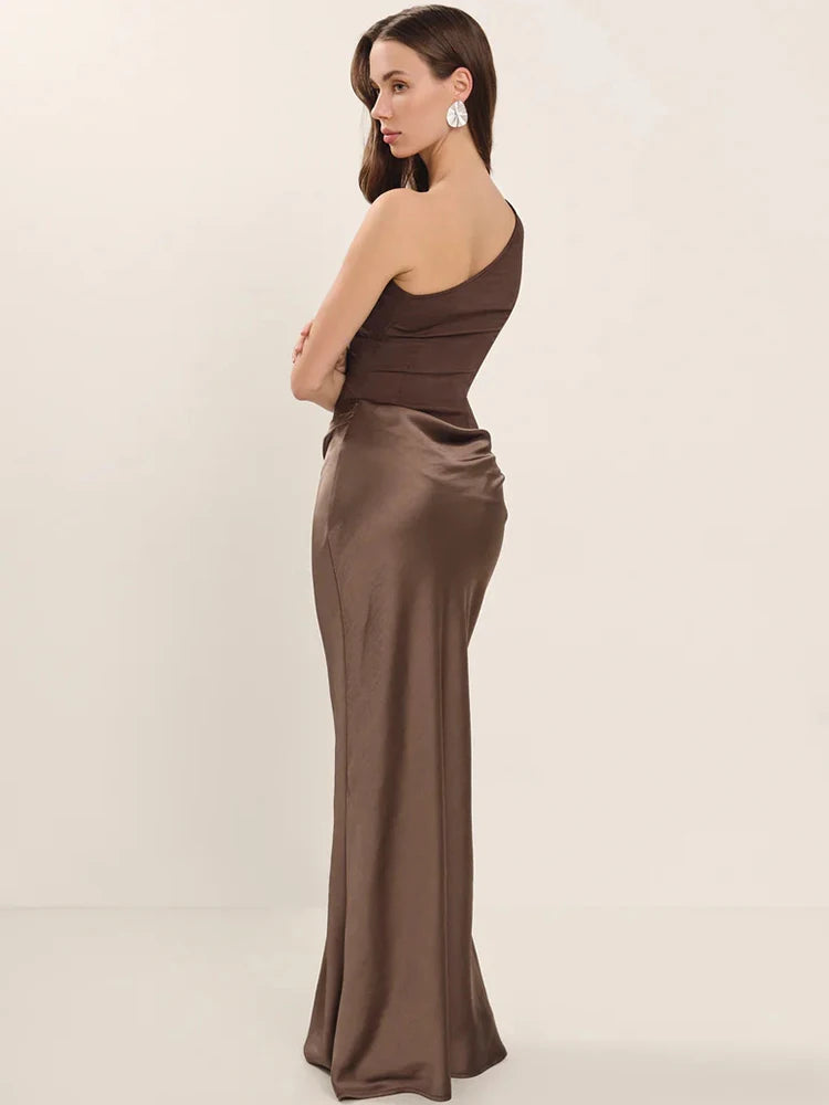 Mozision Satin Inclined Shoulder Maxi Dress Women