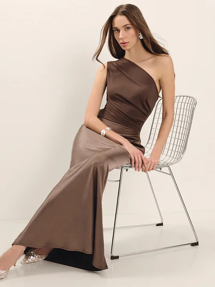 Mozision Satin Inclined Shoulder Maxi Dress Women