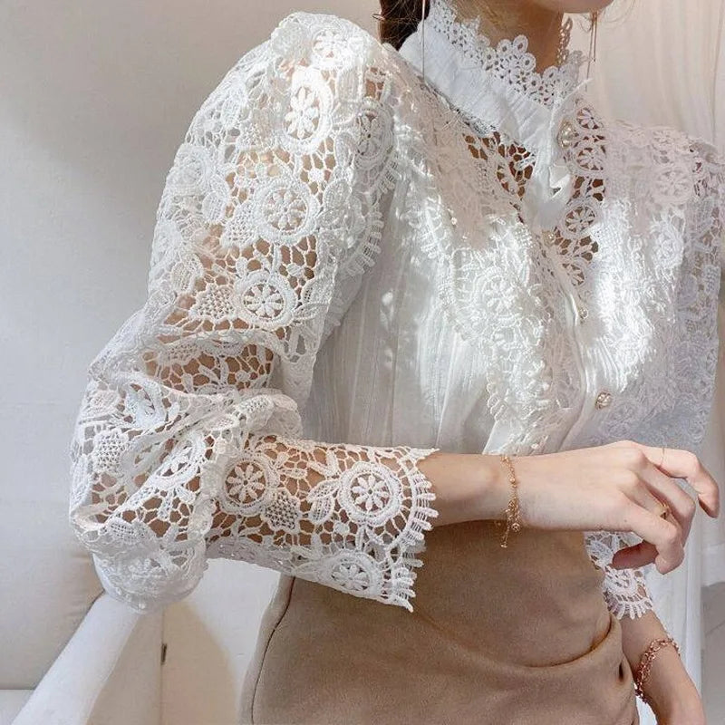 Vintage Solid Lace Blouse Shirts for Women - New Button Loose Shirt