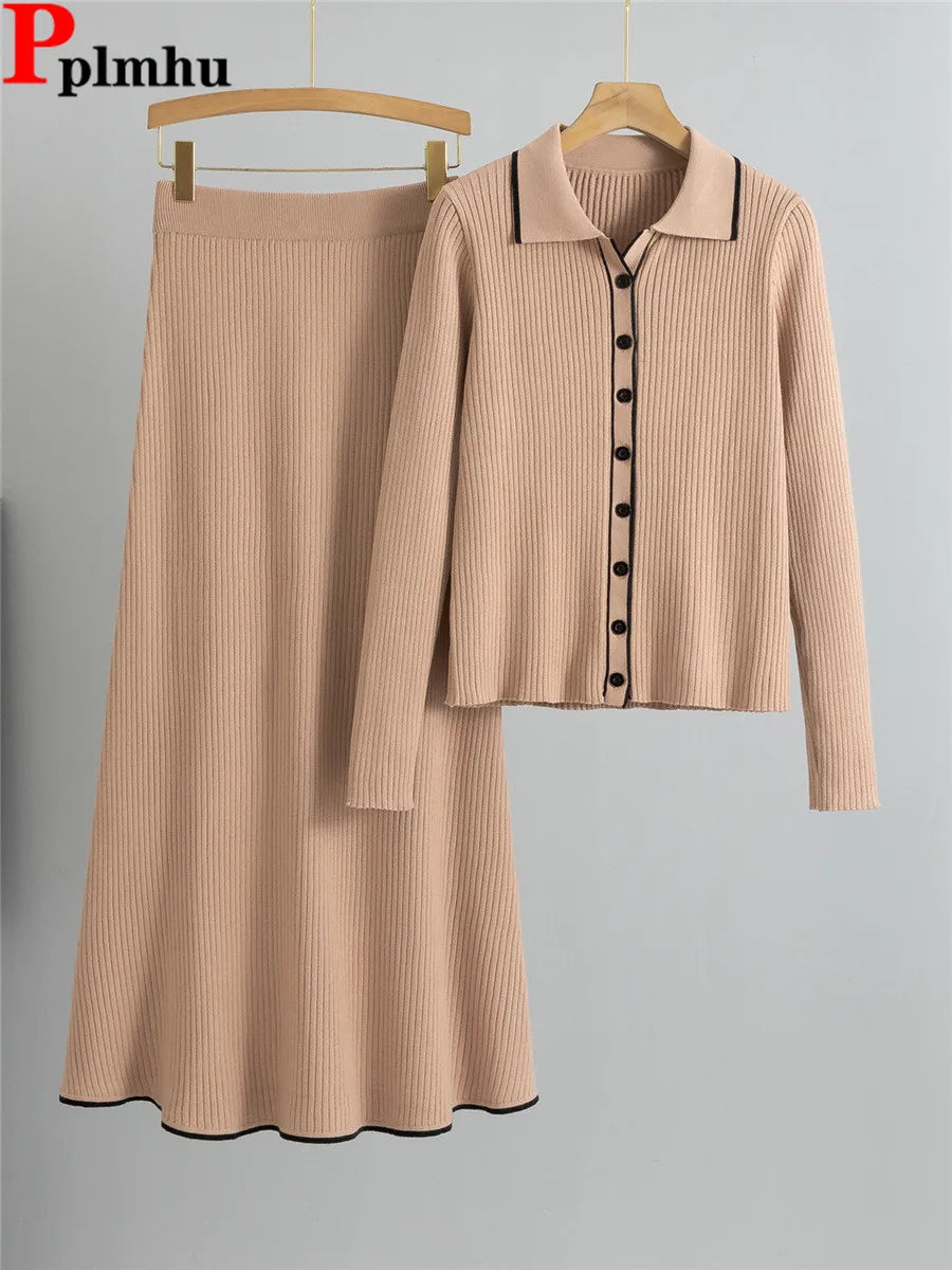 Knitted 2 Piece Sets Women Single Breasted Knit Sweater Cardigan Tops - High Waist Solid Skirts Outfit New