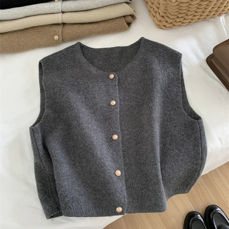 Women Sweater Vest Gold Button Up Waistcoat Soft Knitted Sleeveless Cardigan Jacket Top Fall Winter Ladies Chic Outfit