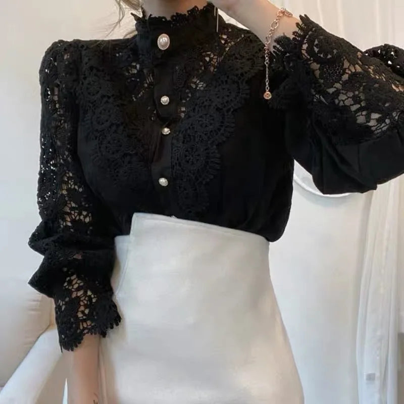 Vintage Solid Lace Blouse Shirts for Women - New Button Loose Shirt
