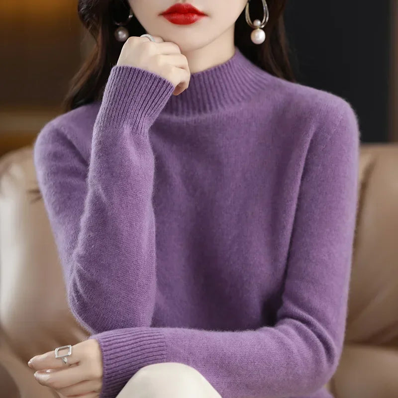 Autumn & Winter Women Sweater - Warm Bottoming Shirts Half High Collar Basic Knitwear Solid Long Sleeve Pullovers