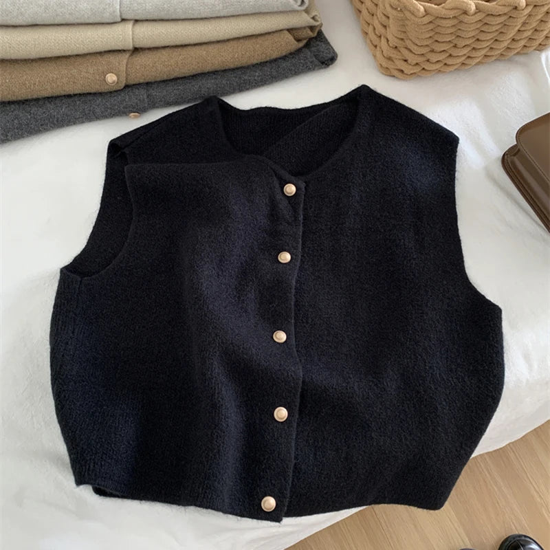 Women Sweater Vest Gold Button Up Waistcoat Soft Knitted Sleeveless Cardigan Jacket Top Fall Winter Ladies Chic Outfit