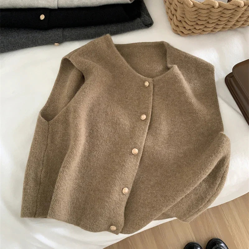 Women Sweater Vest Gold Button Up Waistcoat Soft Knitted Sleeveless Cardigan Jacket Top Fall Winter Ladies Chic Outfit