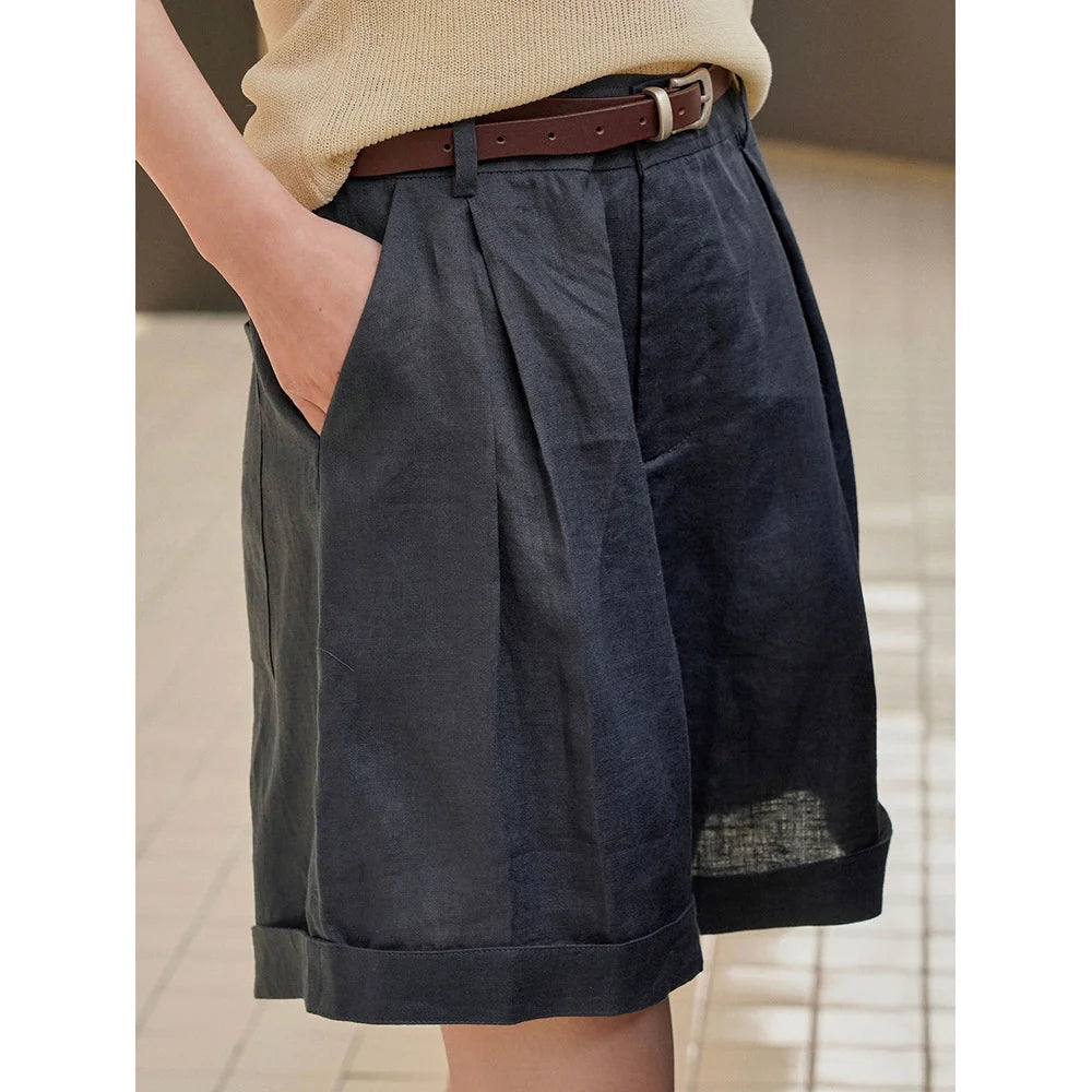 Summer Style Lazy Linen Curled Bermuda Shorts Wide Leg Loose Slim For Women